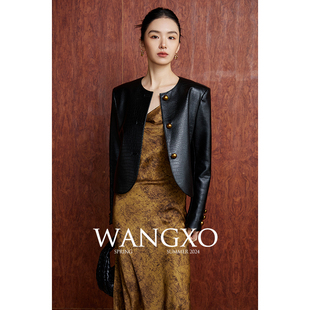 wangxo黑色圆领pu皮衣，外套女春季2024年休闲通勤百搭短款上衣