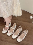 法式玛丽珍银色高跟凉鞋女2024新中式花朵配裙仙女风粗跟单鞋
