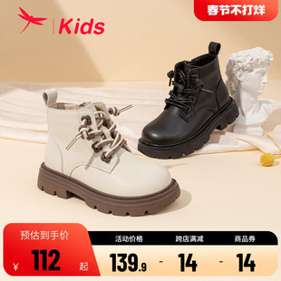 红蜻蜓男女童鞋2023冬季马丁靴英伦，复古黑色短靴时尚加绒棉靴