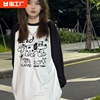韩版t恤女士长袖印花卡通图案圆领宽松套头休闲上衣中长款