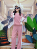 粉色洋气时尚休闲运动套装，女2023春夏，撞色圆领褶皱卫衣两件套