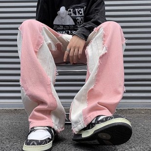 特大码300斤美式hiphop高街拼接设计感牛仔裤男秋季宽松直筒长裤2