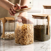 方形透明玻璃罐带勺竹盖，食品密封收纳罐罐，防潮厨房储物密封罐