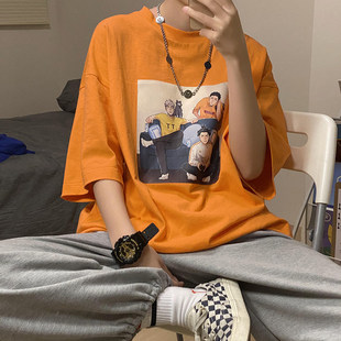 橙色短袖t恤男潮牌潮流，夏季宽松休闲上衣，亲肤vintage美式复古半袖