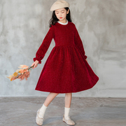 女童酒红色连衣裙秋冬款中大童过年衣服公主裙新年装儿童冬季裙子