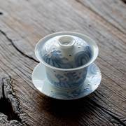 纯手绘堆雕海浪三才盖碗茶杯陶瓷功夫茶具泡茶器家用手抓茶碗带盖