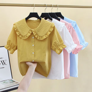 法式雪纺娃娃领短袖衬衫，女夏季2024年洋气韩版泡泡，袖t恤上衣