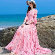 印花气质雪纺连衣裙女长款2021夏季波(夏季波)西米亚长裙度假沙滩裙子