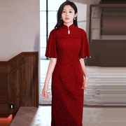中式改良旗袍2023新娘，结婚敬酒服订婚礼服女酒红色回门连衣裙