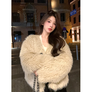 Adan卡其色环保皮草冬季韩版宽松显瘦气质皮毛一体上衣外套女