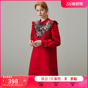 dfvc红色新中式国风连衣裙，女秋冬款2023刺绣，荷叶边中长款裙子