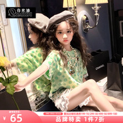 奇米迪女童T恤2023夏装洋气果绿色小女孩韩版上衣儿童雪纺衫