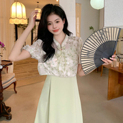 大码新中式国风吊带连衣裙女夏季收腰显瘦气质旗袍罩衫长裙两件套