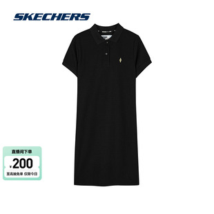 Skechers斯凯奇2024春季女士短袖运动连衣裙舒适宽松针织碳黑