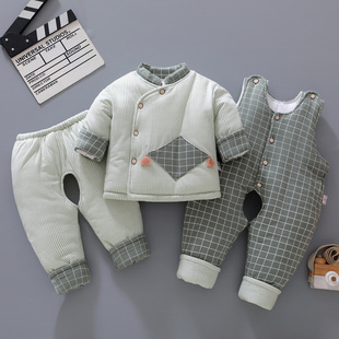 新生婴儿棉衣套装加厚冬季男宝宝衣服0-1岁女棉袄，背带三件套外出