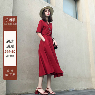 红色长裙2024夏装女装雪纺，连衣裙极简主义，设计感ins超火裙子