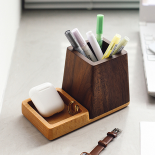 实木笔筒北美黑胡桃木轻奢复古办公室桌面摆件，书房木质笔筒收纳盒