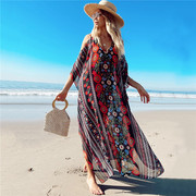 火凤凰-流欧美雪纺印花沙滩罩衫，海边度假长袍式，度假裙宽松衫比基