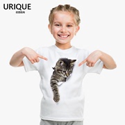 3d立体萌猫咪图案莫代尔，儿童t恤女童装，短袖可爱动物亲子时尚宝宝