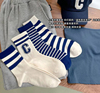 海军蓝系列 美式学院风撞色字母条纹中筒袜子百搭运动棉袜学生袜