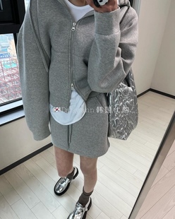 直邮韩国2024春装灰色连帽双头拉链卫衣，短裙两件套套装