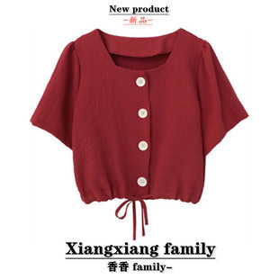 香香family2024春夏款法式方领红色短袖抽绳设计感小众衬衫上衣