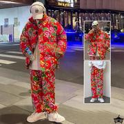 牡丹花东北大花布衣服秋冬套装棉袄男情侣中国风棉裤大尺码棉服棉