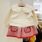 韩国女童装春装宝宝洋气，红白格子短裙，米白色翻领衬衣t恤套装