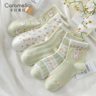 caramella袜子女绿色竹纤维，女袜可爱日系中短筒薄款碎花卡通少女