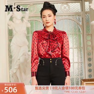 M-Star明星系列冬季红色系带衬衫女复古波点上衣女别致小衫
