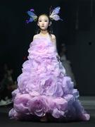 女童礼服2023模特走秀舞台主持人高端无袖紫色绑带拖尾演出服