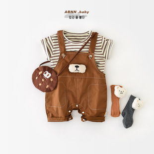 男宝宝夏季短袖套装0-3岁儿童韩版条纹T恤小熊背带裤婴儿日常穿搭