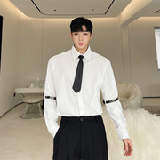 韩版气质英伦男士白色衬衫，长袖袖箍调节设计感休闲寸衫上衣打底衫