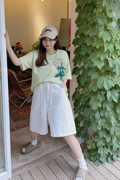 欧洲站夏季纯棉宽松短袖t恤女中长款甜美减龄显瘦绿色花朵上衣ins