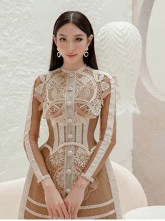 越南小众设计师款蕾丝连衣裙水溶蕾丝长袖收腰花苞裙摆裙子度假裙