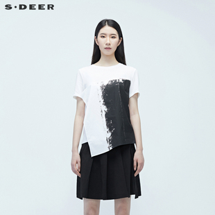 sdeer圣迪奥女夏装不规则拼接上衣印花短袖基础白色T恤S20280133