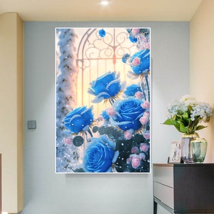 十字绣蓝色玫瑰2023金丝布大格棉线竖版玄关客厅高级感花卉图