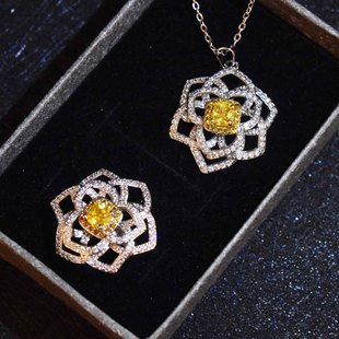 时尚气质黄钻镂空大花形项链 微镶山茶花玫瑰花朵女戒指套装