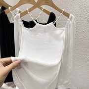 2023白色长袖T恤女夏季宽松设计感小众法式挂脖洋气防晒雪纺上衣