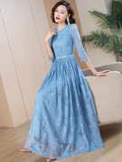 帝弗润驰2023夏季法式复古蓝色蕾丝连衣裙，气质优雅高级感长裙