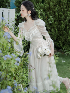 法式小香风白色茶歇连衣裙秋季女装在逃公主古着高腰礼服长裙