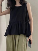 黑色棉麻吊带背心女夏2022韩版宽松设计感荷叶边外穿无袖上衣