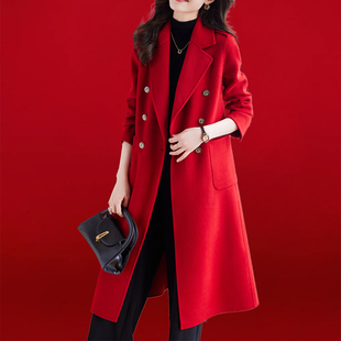 冬季中长款高级感红色毛呢，外套女ol欧货高端双面羊绒呢子大衣