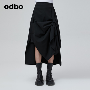 odbo/欧迪比欧原创设计黑色百搭半身裙女秋冬不规则抽褶中长裙子