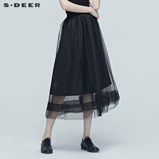 sdeer圣迪奥女装夏季休闲网纱拼接a字型，长裙黑色半身裙s20281117
