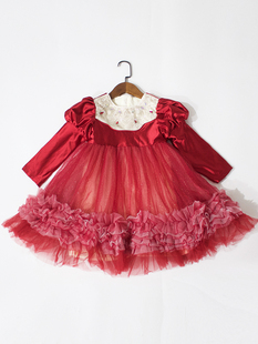 新年快乐~冬季儿童红色连衣裙，加绒拜年裙纱裙泡泡，袖公主节日礼物
