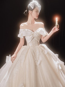 主婚纱2023新娘一字肩领缎面简约显瘦超仙公主风结婚礼服拖尾