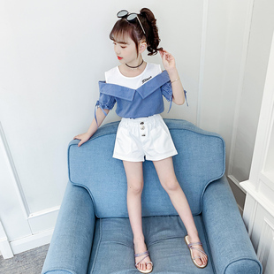 女童夏季露肩套装2023韩版洋气儿童装女孩时髦短袖短裤两件套