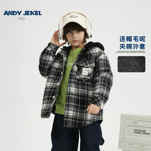 安迪杰克尔男童夹棉外套，连帽儿童羊毛呢，加厚衬衫保暖棉服冬装