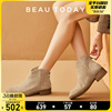 BeauToday马丁靴女秋季BT棕色切尔西短靴粗跟真皮带跟女鞋踝靴